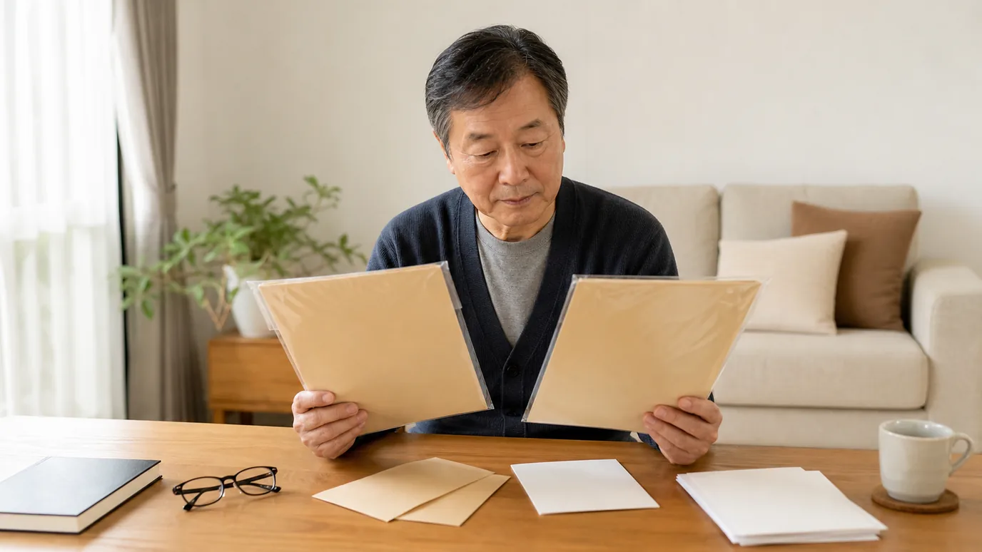 밝은 거실에서 60대 한국인 성인이 과거와 현재를 뜻하는 두 개의 봉인된 시야 기록과 안경을 나란히 살펴보는 장면