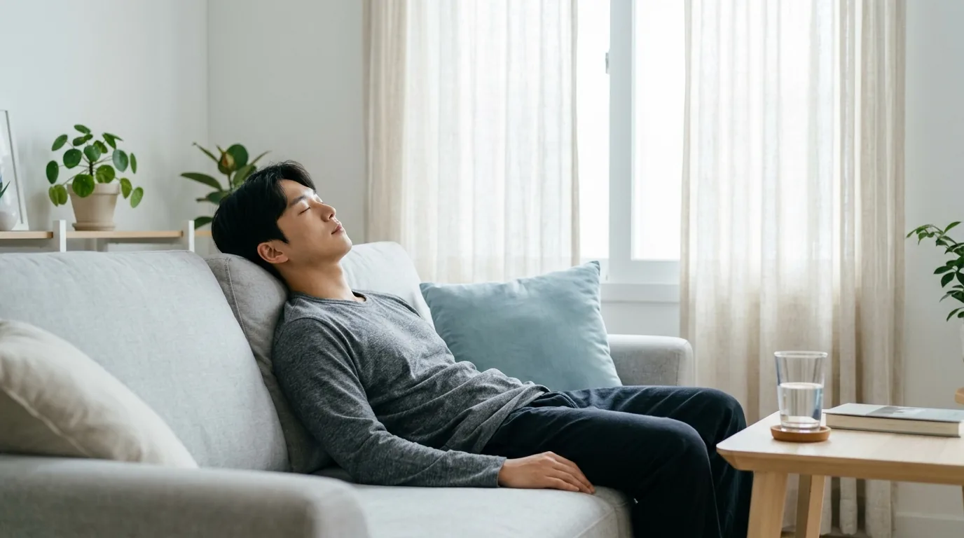 거실 소파에 기대어 눈을 감고 쉬는 남성 — 라섹 회복기의 휴식 장면