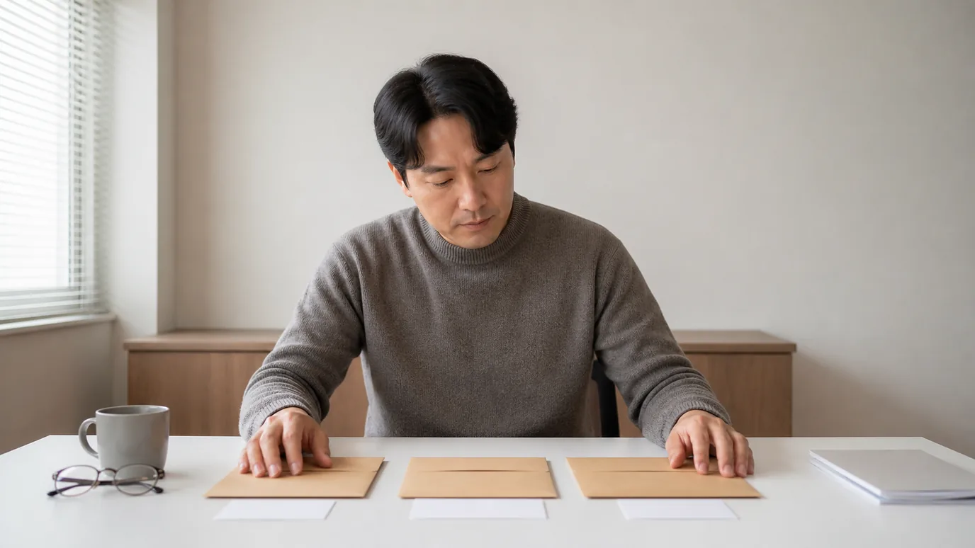 밝은 상담 테이블에서 30대 한국인 성인이 출처 봉투, 신분 확인 봉투와 적용 결과 봉투를 순서대로 대조하는 장면