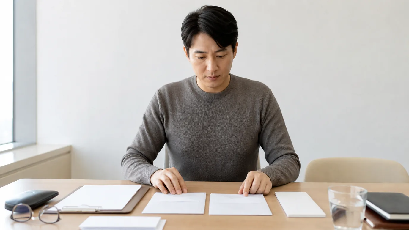 밝은 상담실에서 30대 한국인 성인이 두께 검사 봉투와 지형도 결과 봉투를 의료 기록 옆에 나란히 두는 장면