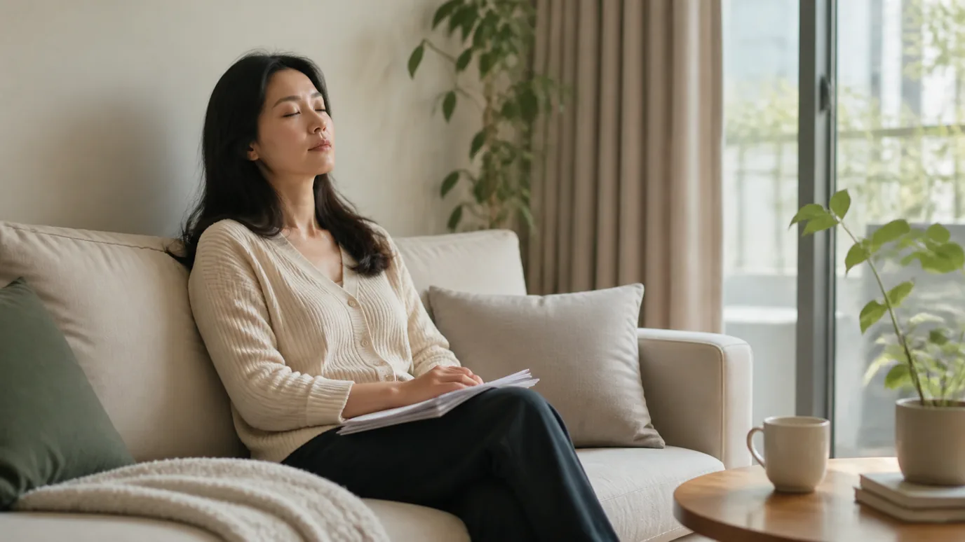 어두워지기 전 거실 창가에서 30대 한국인 성인이 조명을 바라보지 않은 채 종이 증상 일지를 무릎에 놓고 잠시 눈을 쉬는 자연스러운 장면