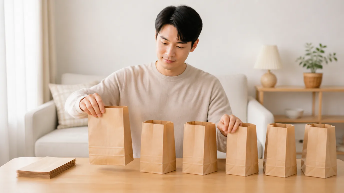 밝은 거실에서 30대 한국인 성인이 무표기 후기 봉투와 원거리·화면·야간 활동 소품을 시간 순서로 놓는 장면