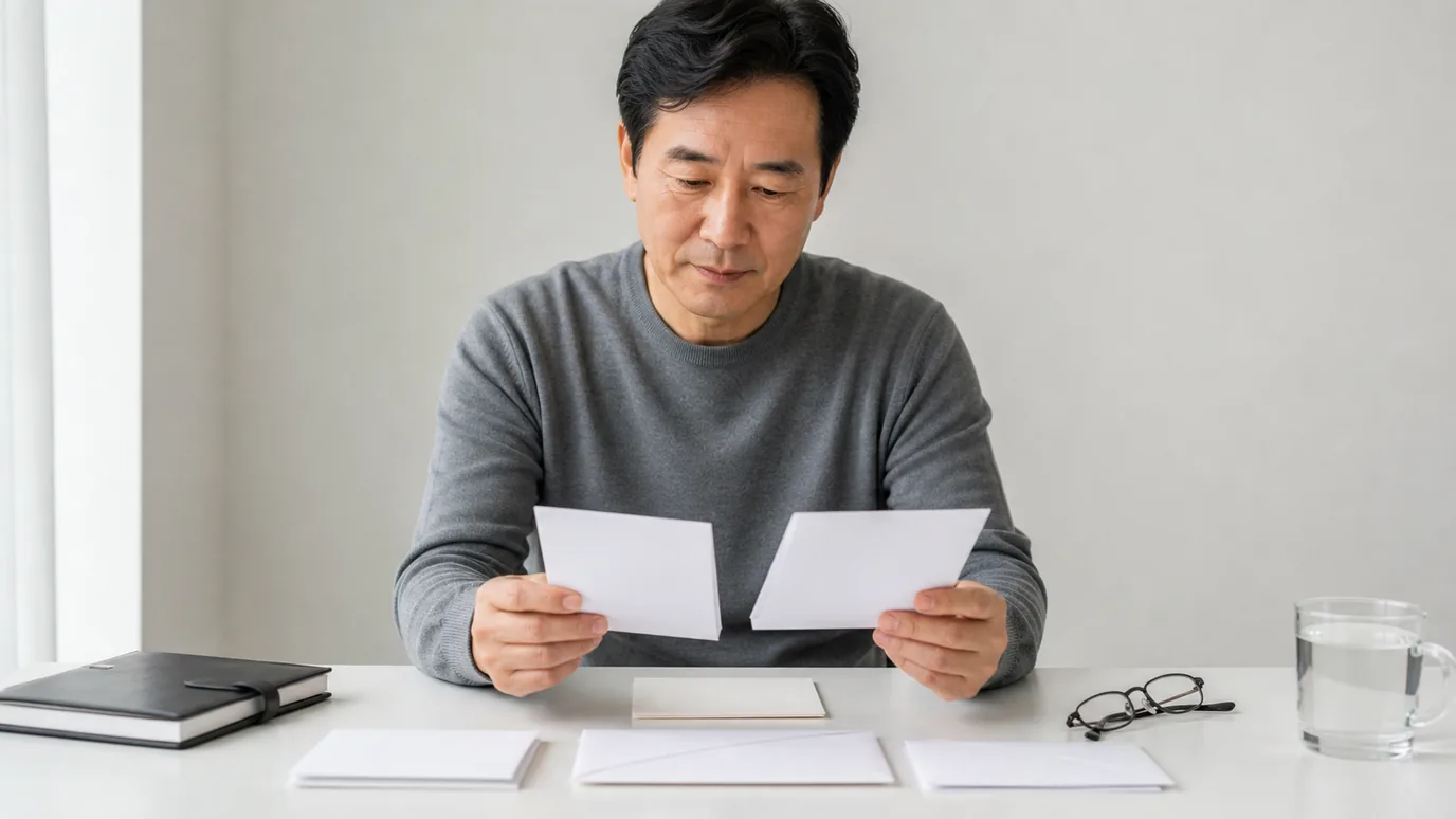 밝은 거실에서 40대 한국인 성인이 두 개의 안경 케이스, 지원 봉투와 재평가 봉투를 서로 다른 순서로 배치해 보는 장면