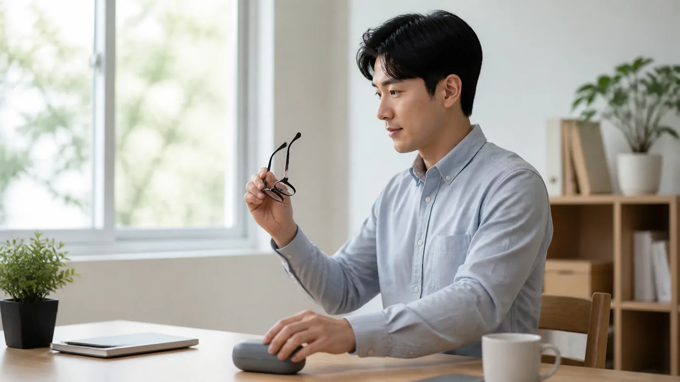 밝은 상담 공간에서 한국인 성인이 무표기 검사 봉투와 선택 카드를 차분히 대조하는 장면