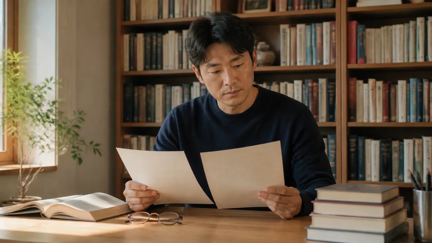 햇빛이 부드럽게 드는 서재에서 40대 한국인 성인이 안경을 벗어 책 옆에 두고 두 장의 종이 진료 기록을 차분히 읽는 장면