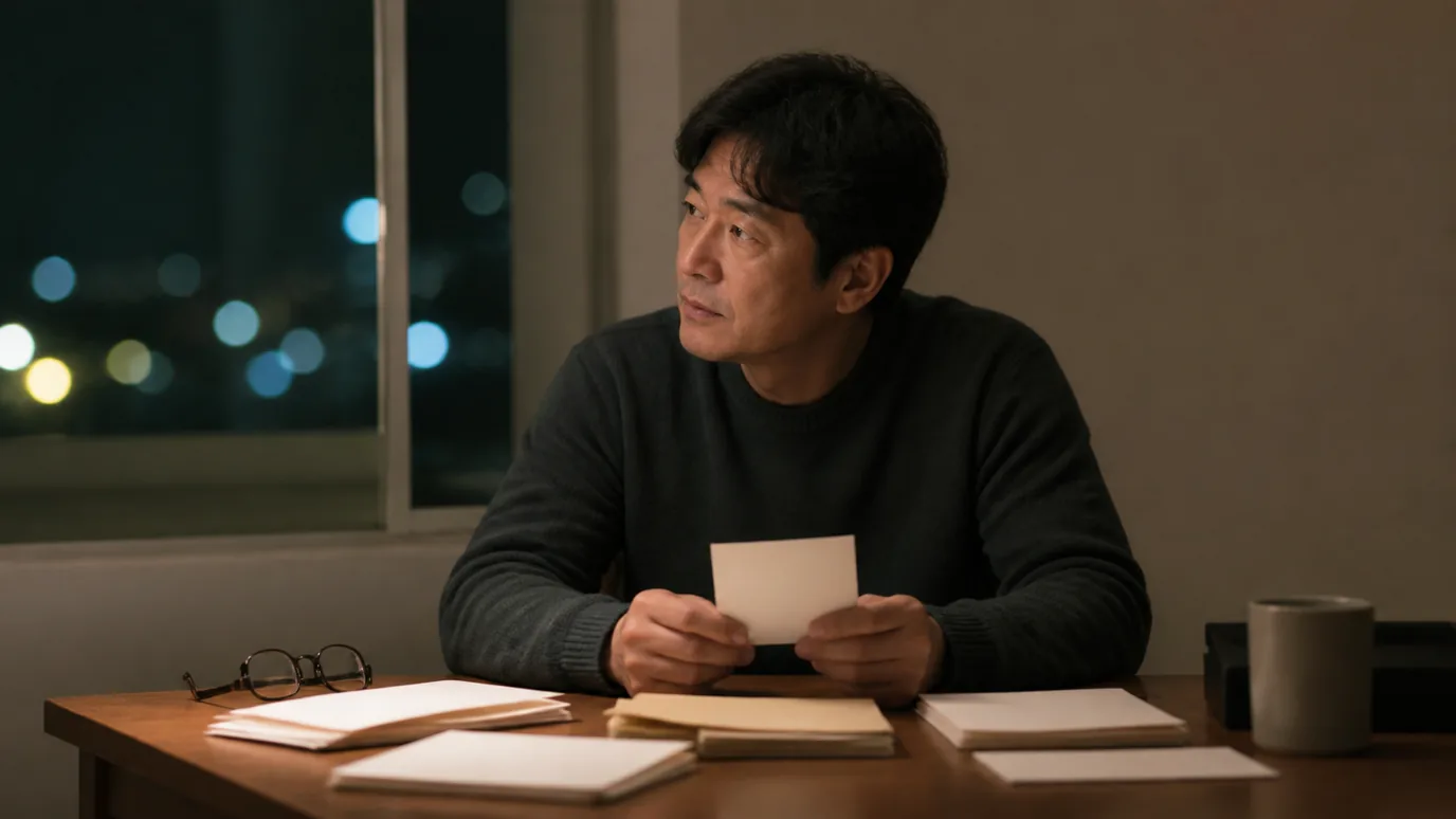 밝은 실내에서 일반 복장의 40대 한국인 성인이 자동차 열쇠 옆에 광원, 날씨, 눈 상태, 기능을 뜻하는 무문자 봉투를 정리하는 장면