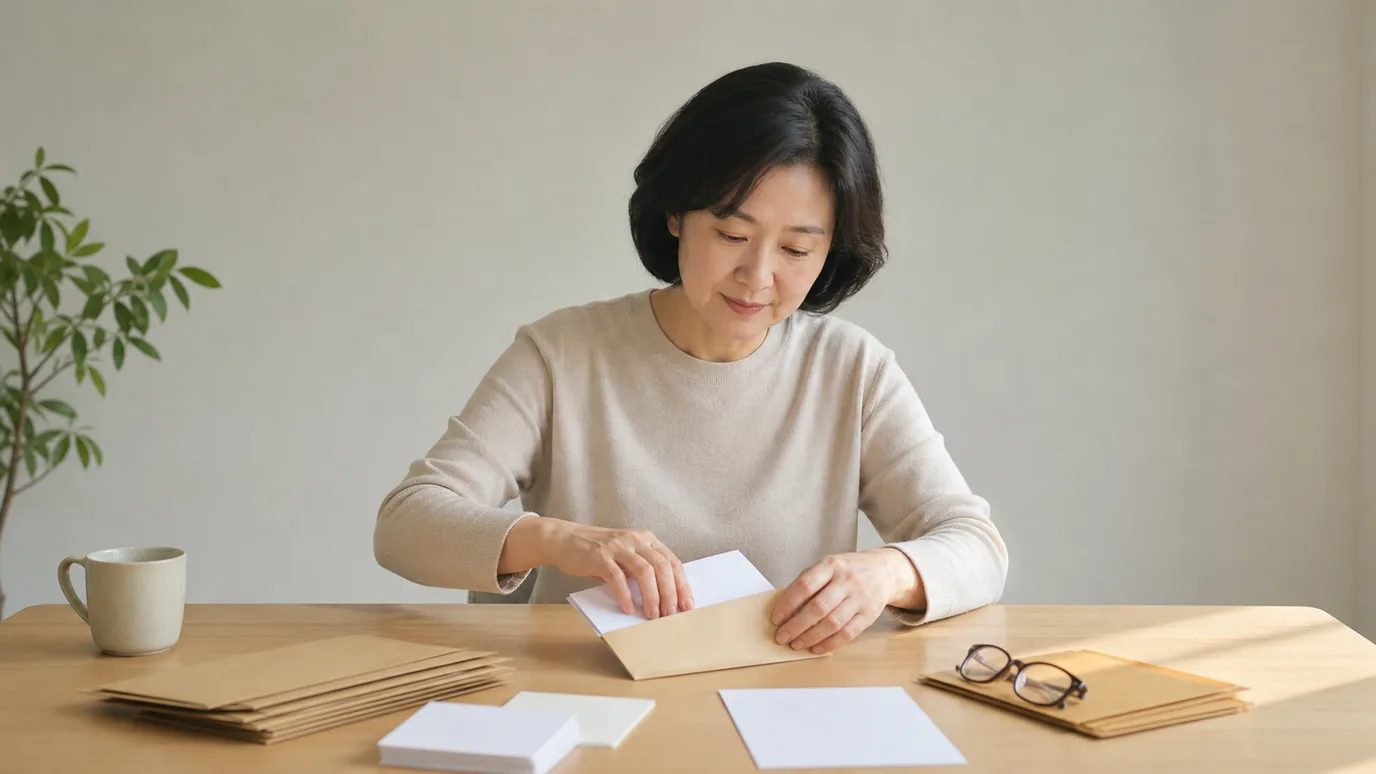 밝은 집에서 40대 한국인 성인이 가족 기록, 반응 기록, 과거 검사, 질문을 뜻하는 네 개의 무문자 봉투를 분류하는 장면