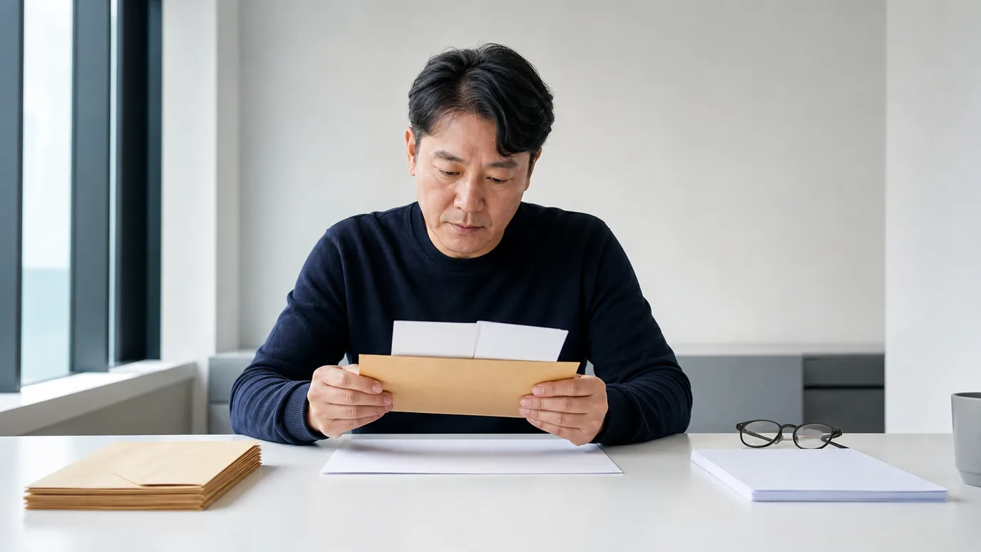 밝은 회의 공간에서 일반 복장의 40대 한국인 성인이 제안자 신원, 권한, 정보 책임, 종료를 뜻하는 봉투를 돋보기와 함께 확인하는 장면