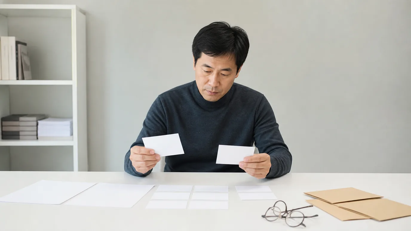 밝은 회의 테이블에서 일반 복장의 40대 한국인 담당자가 과업, 범위, 접근성, 개인정보, 갱신을 뜻하는 무문자 봉투를 펼쳐 검토하는 장면