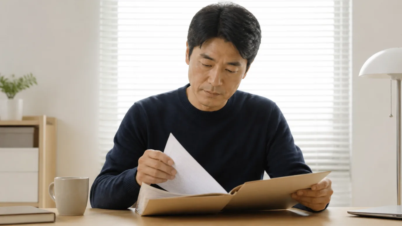 밝은 상담 공간에서 한국인 성인이 무표기 검사 봉투와 선택 카드를 차분히 대조하는 장면