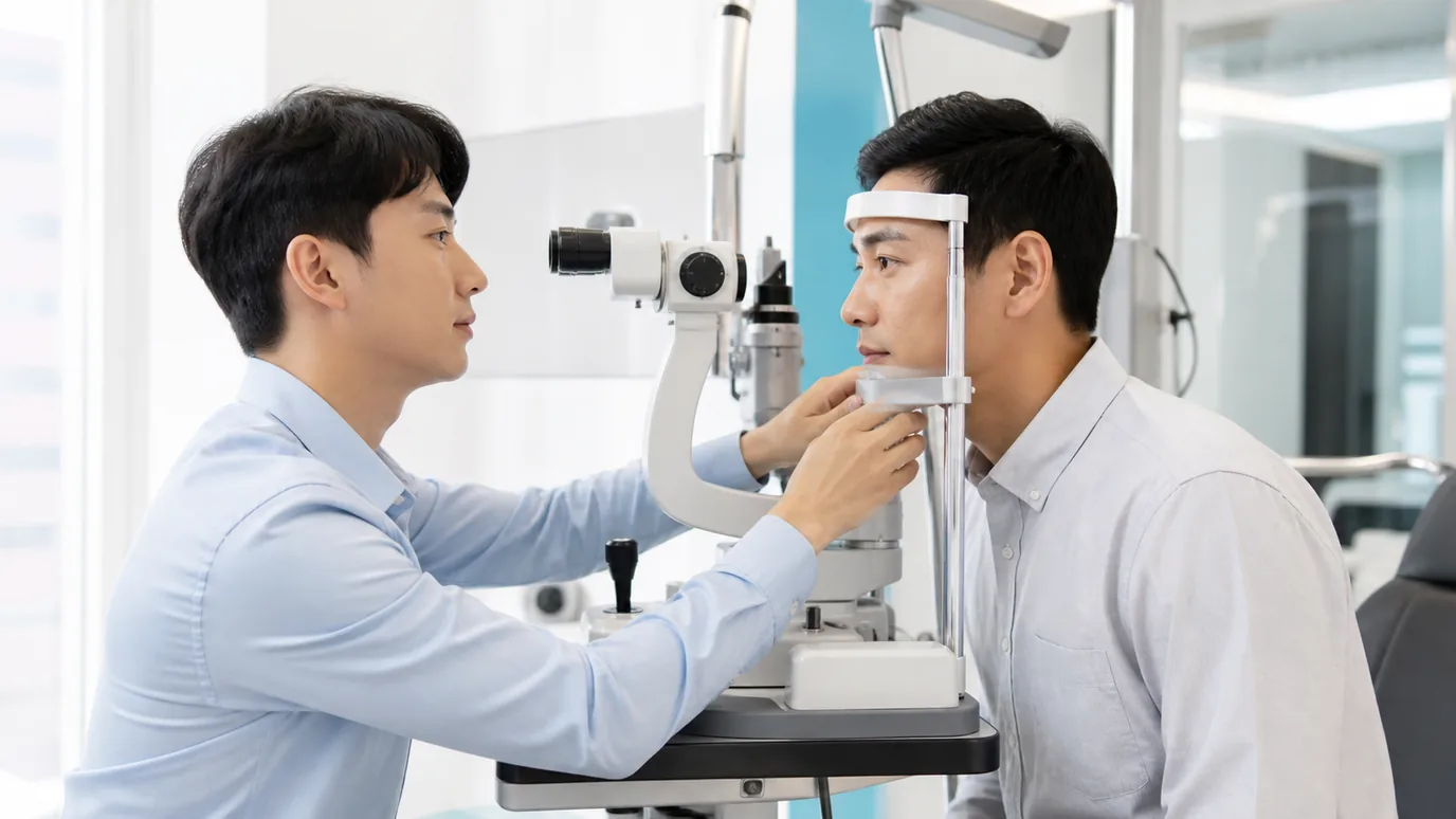 안과에서 세극등 검사를 진행하는 의료진과 검사받는 남성