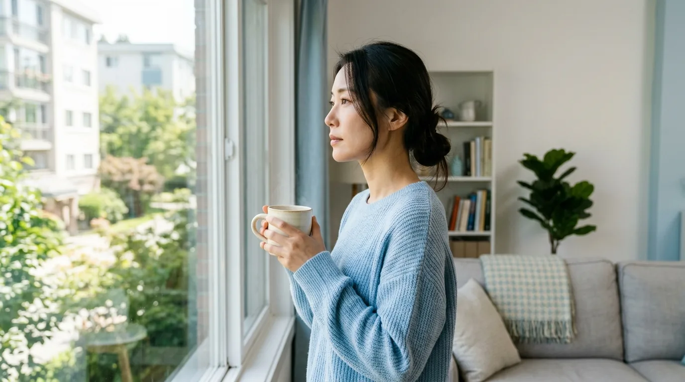 창가에서 찻잔을 들고 밖을 바라보는 여성