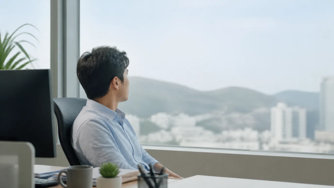 책상 앞 의자에 앉아 창밖 풍경을 바라보는 남성