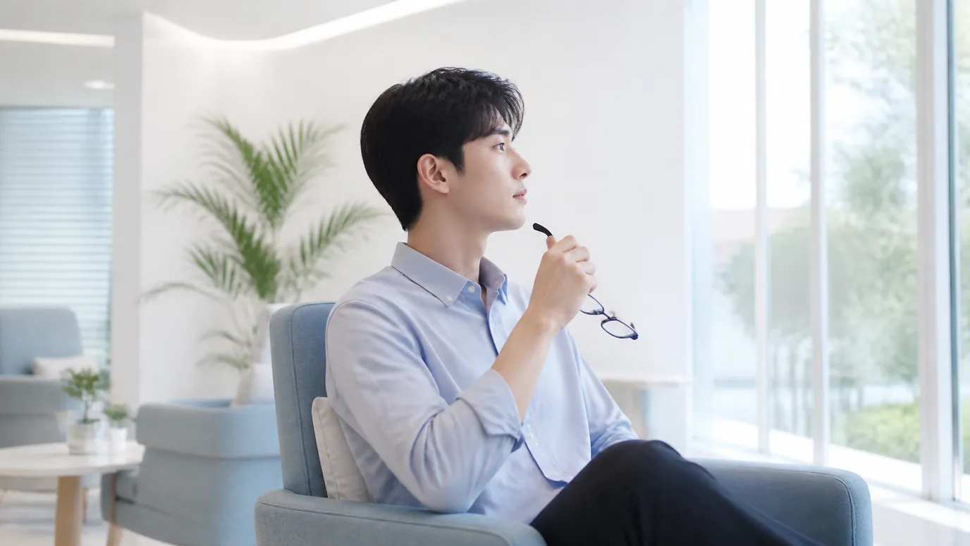 안경을 손에 들고 생각에 잠긴 남성