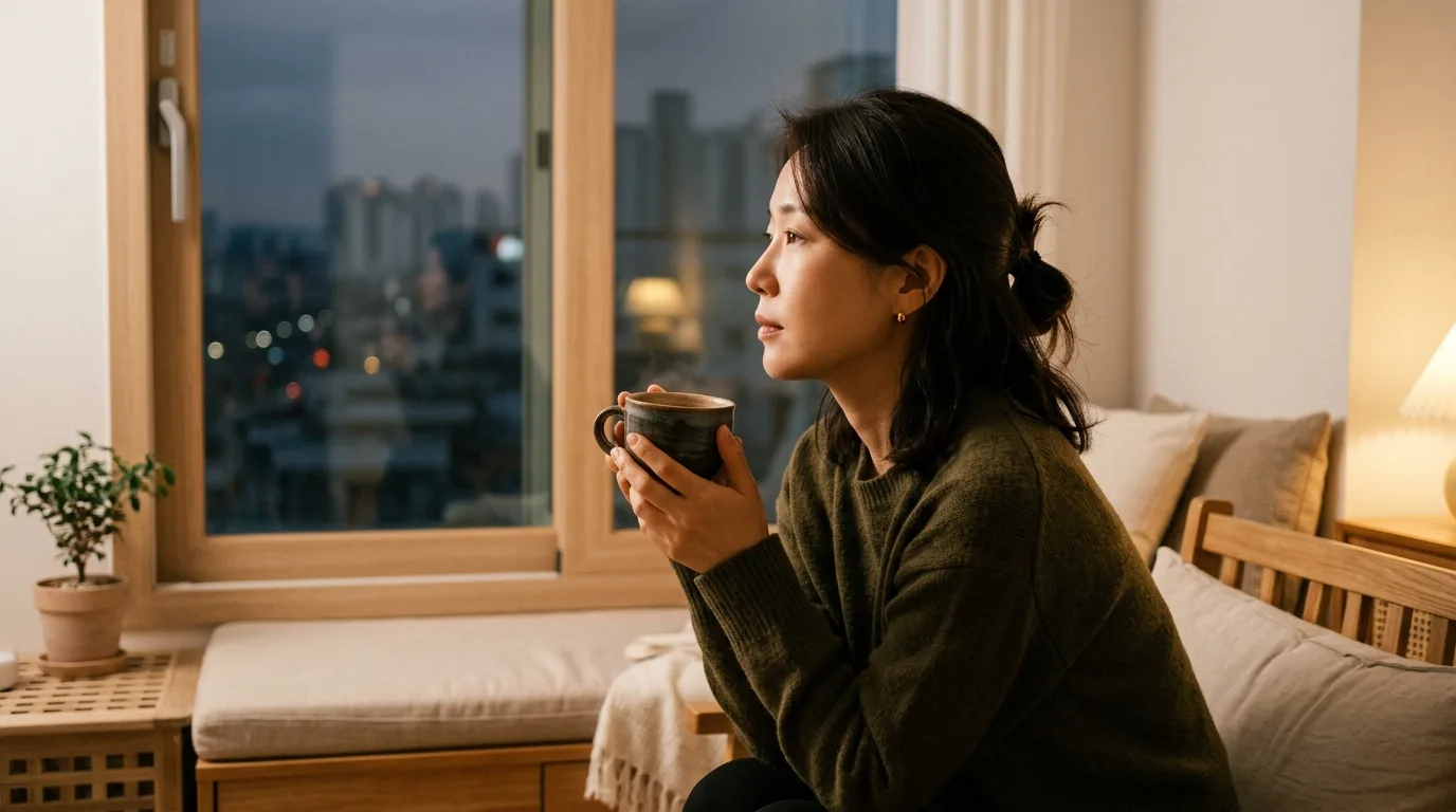 저녁 무렵 창가에서 찻잔을 들고 생각에 잠긴 여성