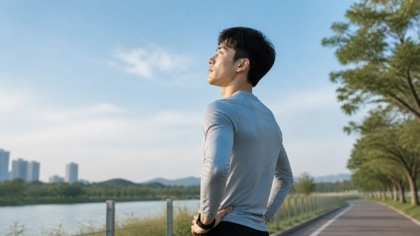 강변 산책로에서 하늘을 바라보며 서 있는 운동복 차림의 남성