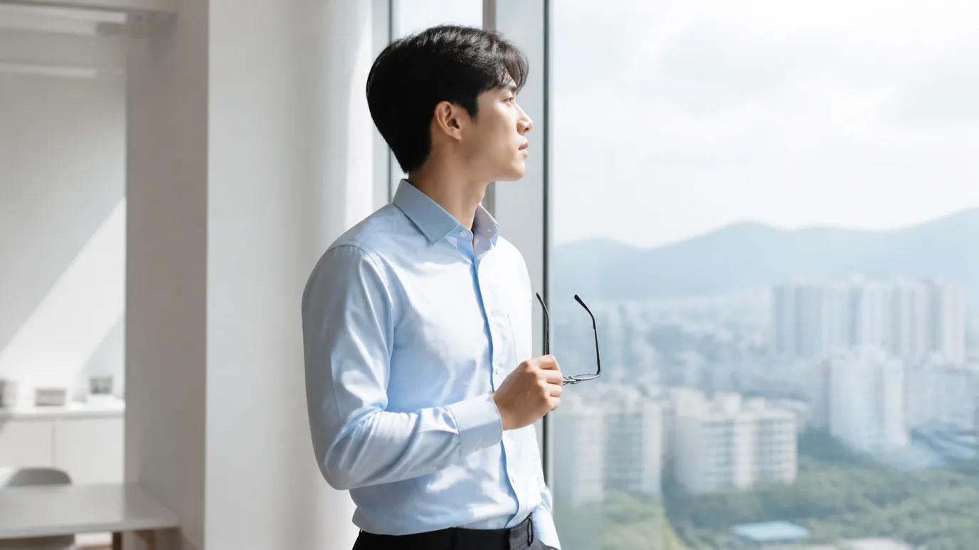 사무실 창가에서 안경을 들고 도시 풍경을 바라보는 남성