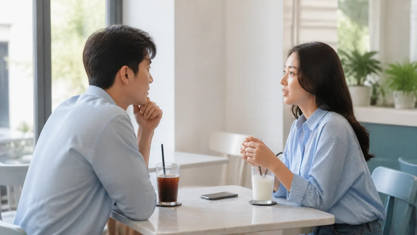 카페에서 마주 앉아 경험담을 나누는 두 사람