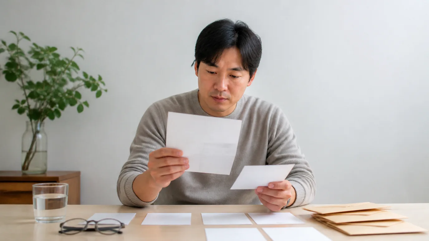 밝은 책상에서 30대 한국인 성인이 여러 시기의 안경 케이스, 생활 기능 봉투와 검사 질문 봉투를 정리하는 장면