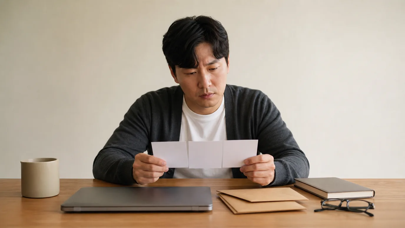 밝은 책상에서 30대 한국인 성인이 닫힌 노트북 옆에 정책, 증빙, 예약, 정보 이관을 뜻하는 네 봉투를 순서대로 놓는 장면