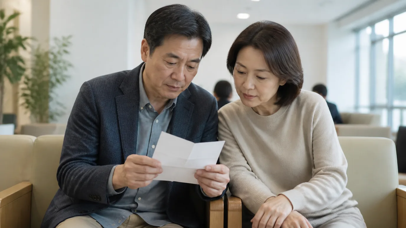 밝은 병원 대기 공간에서 50대 한국인 성인이 동행자와 나란히 앉아 접힌 종이 방문 메모를 함께 읽는 자연스러운 장면