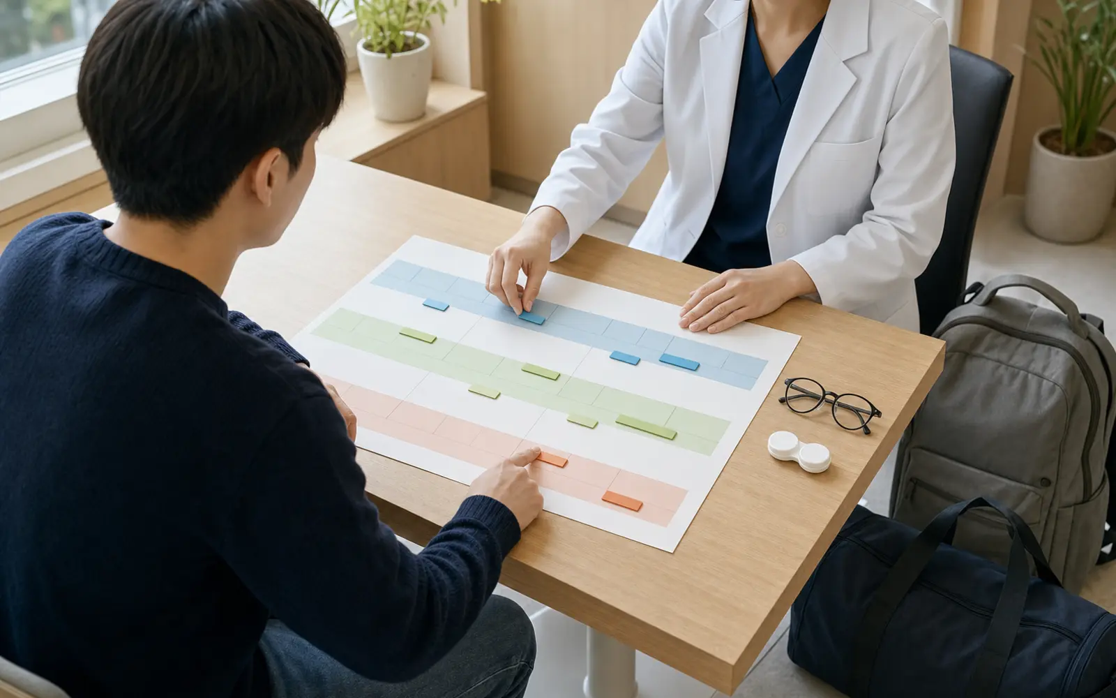 입대·방학 일정표와 현재 안경·렌즈 정보를 함께 놓고 검사와 추적 여유를 상담하는 장면