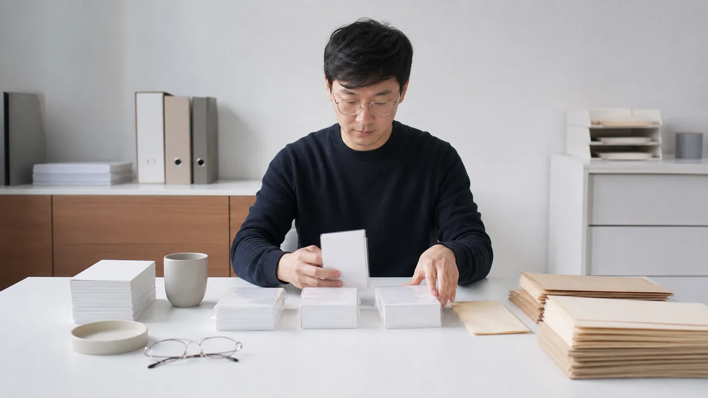밝은 사무 공간에서 30대 한국인 성인이 병원·회사·단체·플랫폼을 뜻하는 네 개의 무문자 봉인 카드 묶음을 분류하는 장면