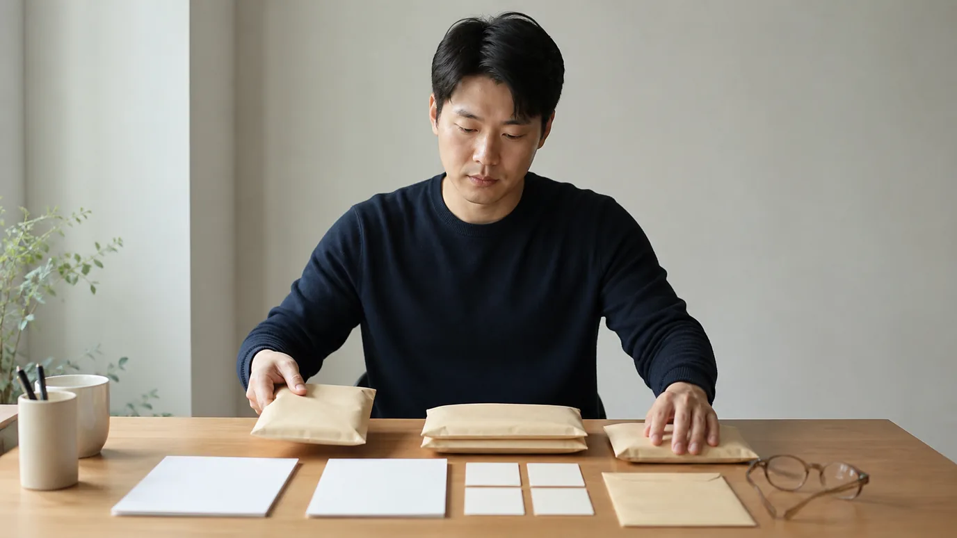 밝은 상담 테이블에서 30대 한국인 성인이 각막 기록·점안 이력·어린 시절 안경을 뜻하는 세 개의 봉인된 자료 묶음을 정리하는 장면