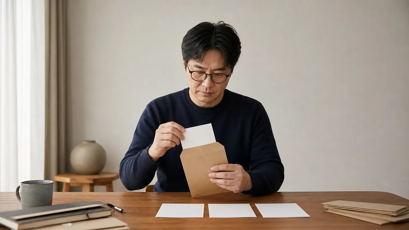 밝은 집에서 40대 한국인 성인이 봉인된 검진 결과와 화면·독서·야외 활동을 뜻하는 무문자 생활 카드를 연결해 놓는 장면