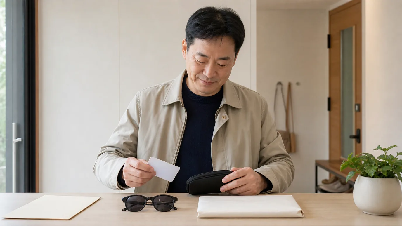 밝은 현관에서 40대 한국인 성인이 안경 케이스·선글라스·대중교통 카드를 검진 일정 봉투 옆에 준비하는 장면