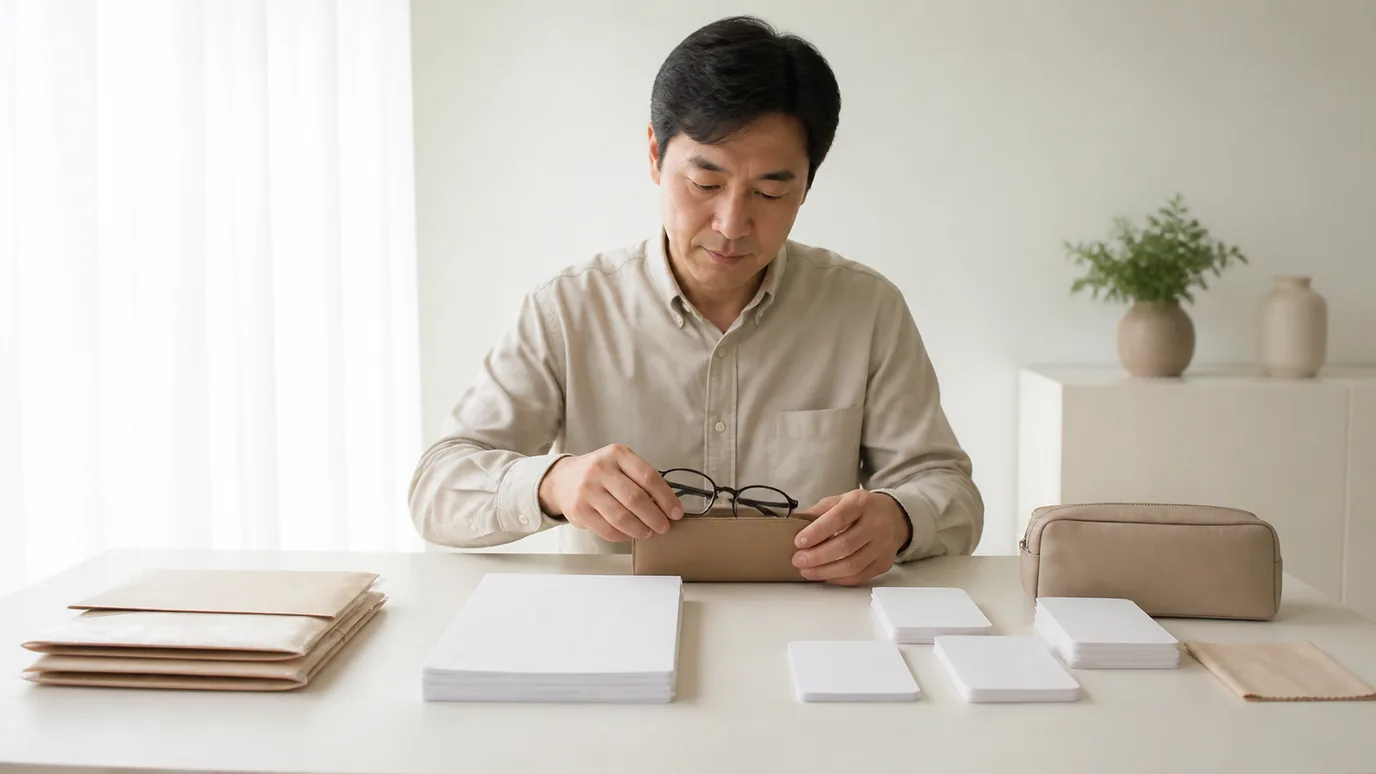 밝은 현관 테이블에서 40대 한국인 성인이 안경 케이스·봉인된 과거 기록·무문자 질문 카드를 검진 가방 옆에 준비하는 장면