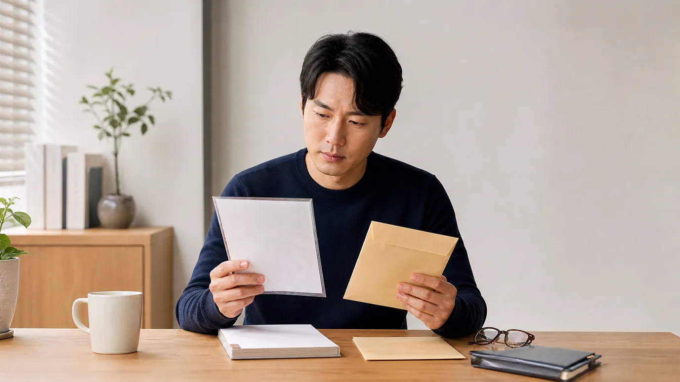 밝은 상담 공간에서 30대 한국인 성인이 봉인된 각막 검사 기록과 별도의 혜택 조건 봉투를 떨어뜨려 놓고 비교하는 장면