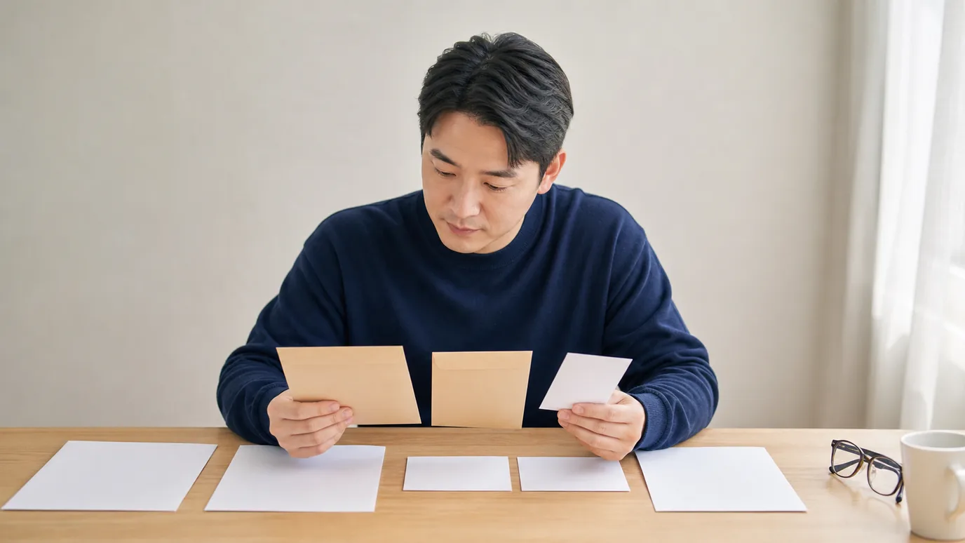 밝은 상담 테이블에서 30대 한국인 성인이 같은 모양의 두 개 봉인 견적 봉투와 별도의 의료 계획 카드를 항목별로 대조하는 장면