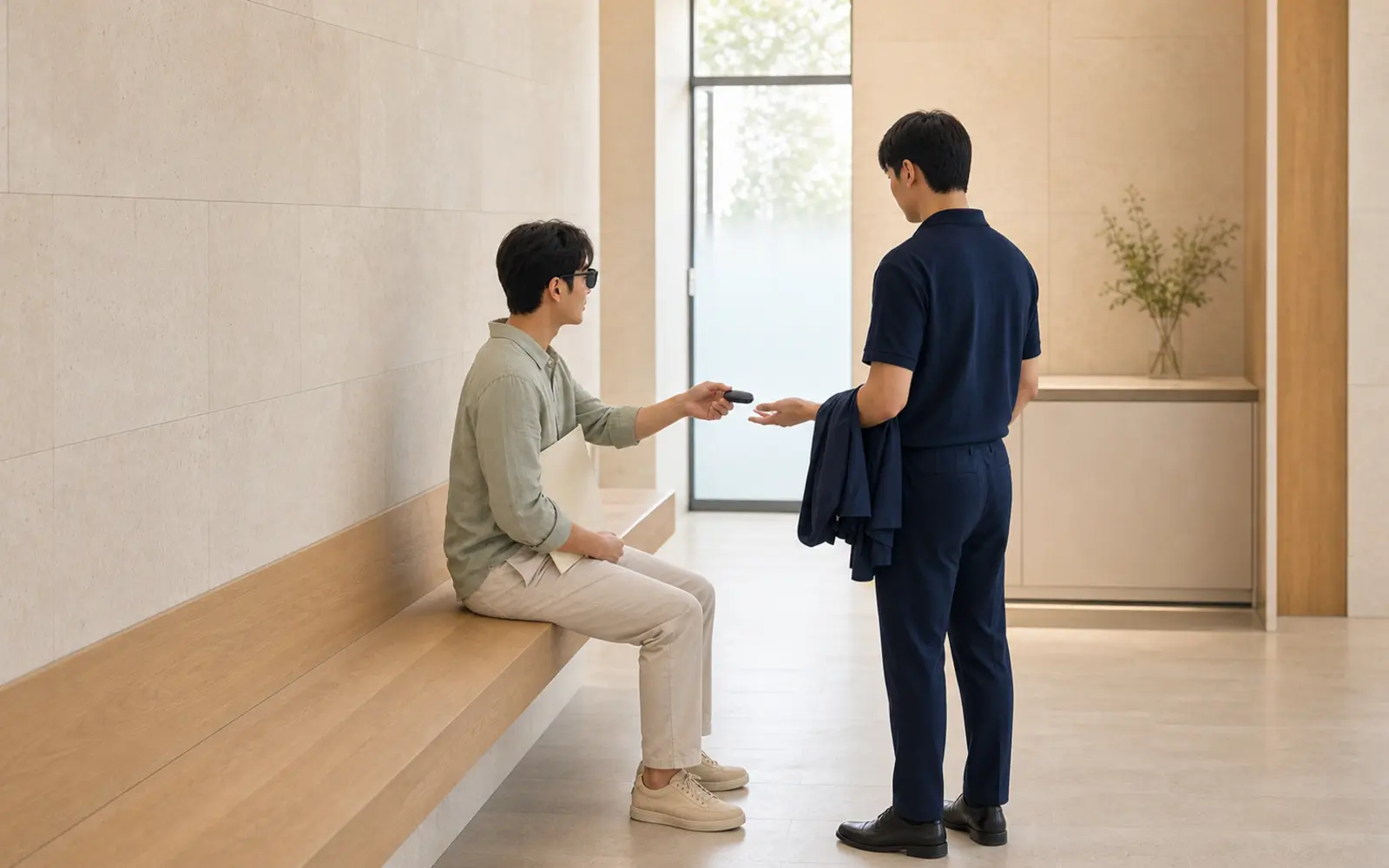시력교정 수술 당일 한 사람이 보호자와 귀가 경로와 준비물을 확인하는 장면