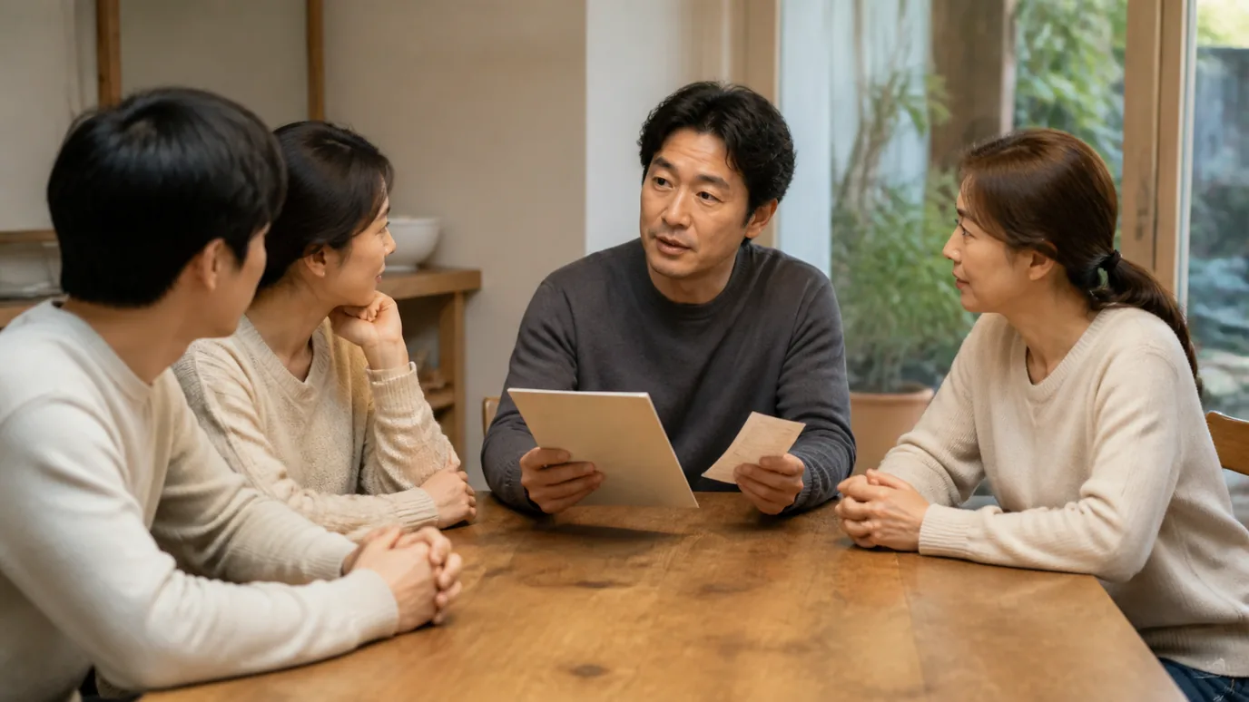 집의 원목 식탁에서 40대 한국인 성인이 종이 복지 안내책자와 불투명 종이 영수증을 손에 들고 가족과 대화하는 장면