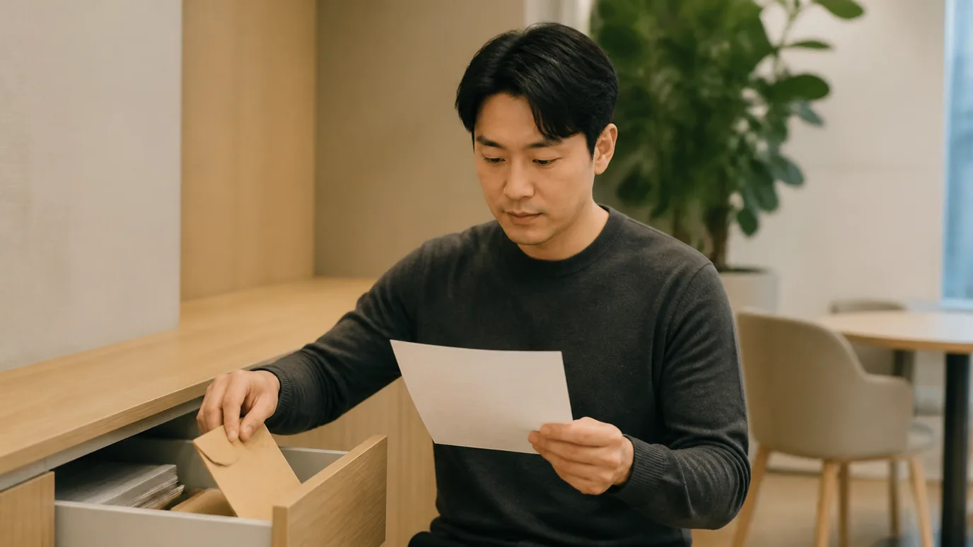 조용한 사무실 휴게 공간에서 30대 한국인 성인이 종이 급여 봉투를 서랍에 넣고 얇은 종이 복지 안내서를 읽는 장면