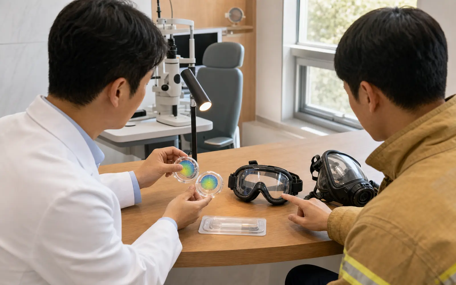 같은 눈의 두 시점 각막 모형과 눈물막 상태, 현장 보호구를 의료진과 소방 업무 종사자가 한 테이블에서 함께 대조하는 상담 장면