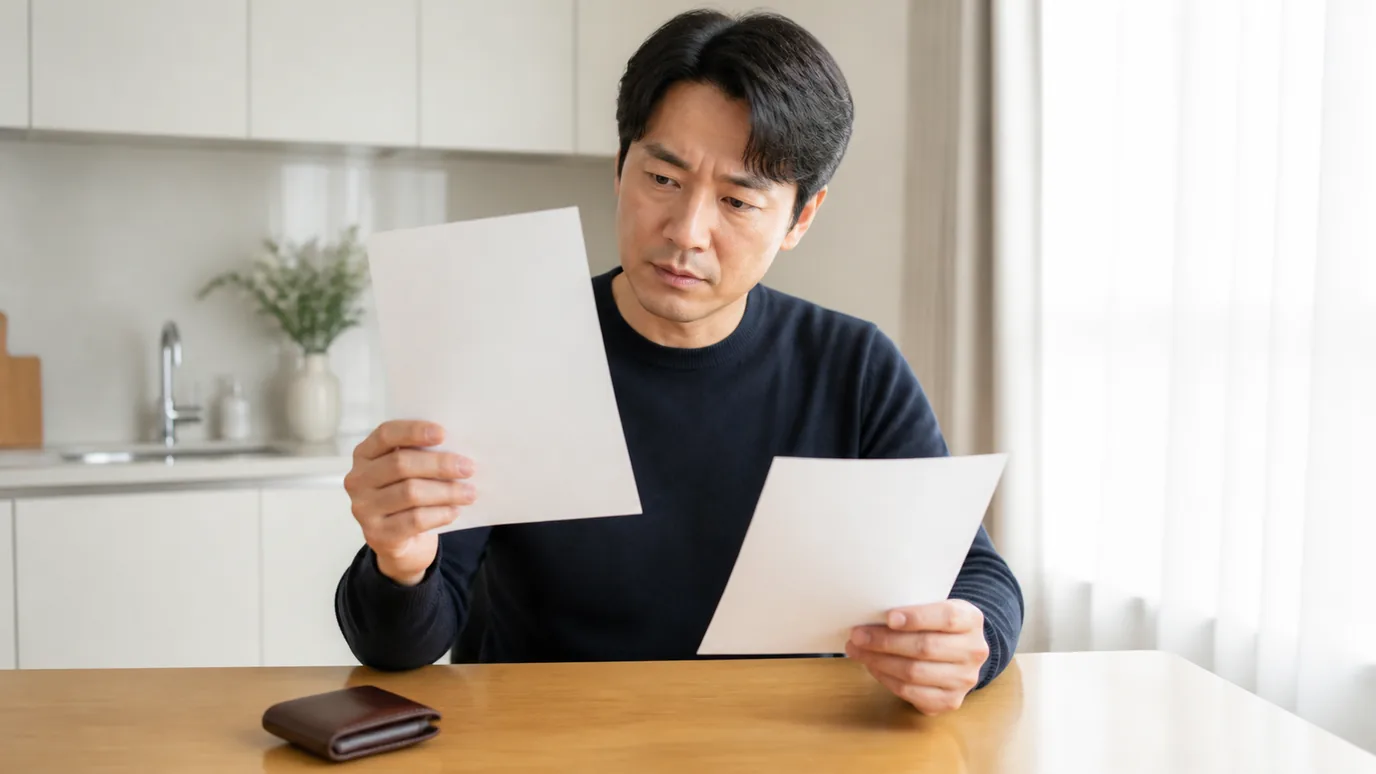 밝은 주방 테이블에서 40대 한국인 성인이 지갑을 닫은 채 서로 다른 종이 계약서와 영수증을 한 장씩 차례로 살펴보는 장면