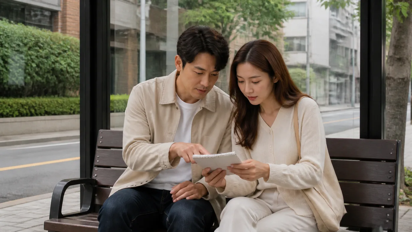 도심 주거지의 조용한 버스 정류장 옆 벤치에서 30대 한국인 성인이 작은 종이 수첩을 펴고 동행자와 이동 계획을 상의하는 장면
