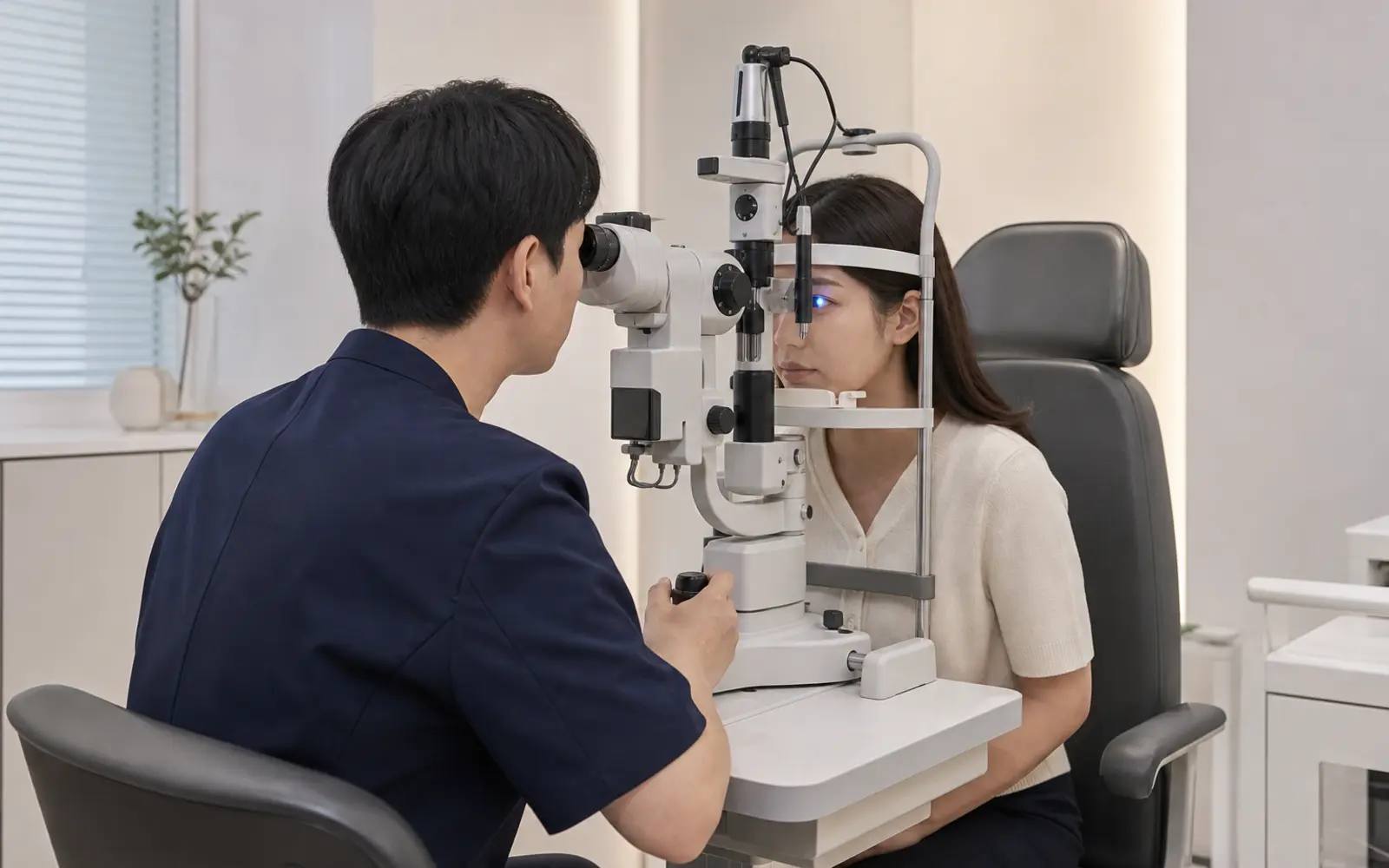 장기 콘택트렌즈 착용자의 눈별 피팅 안구표면 각막 소견을 세극등으로 확인하는 검사 장면