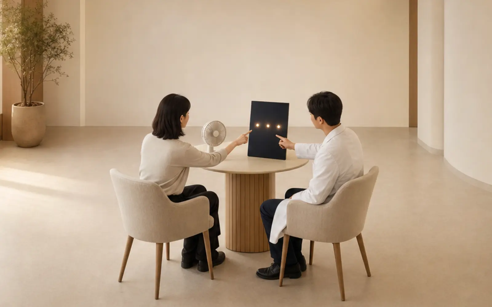 조도가 다른 두 상담 구역에서 건조감과 야간 빛 조건을 한 사람의 과업 기록으로 재구성하는 장면