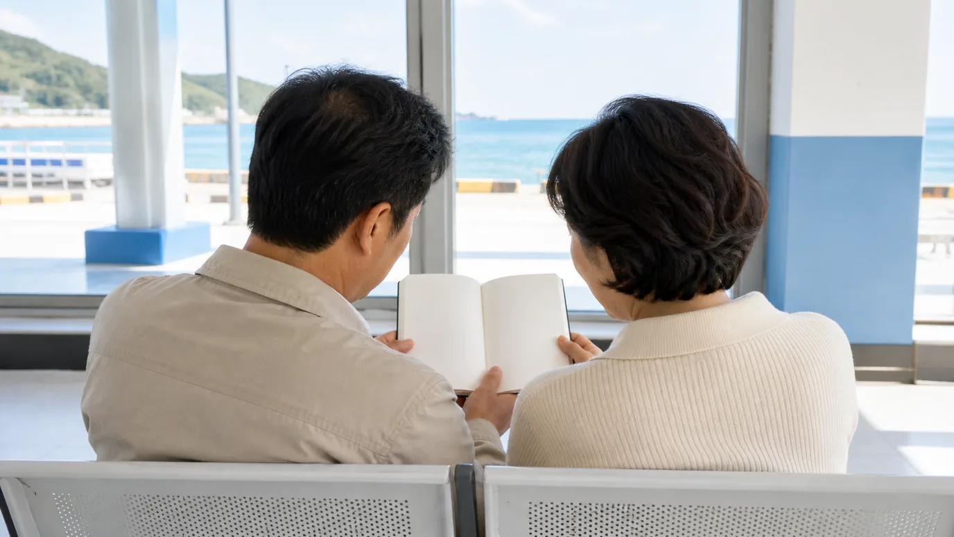 바다가 보이는 터미널 대기석에서 수첩을 함께 보는 중년 부부
