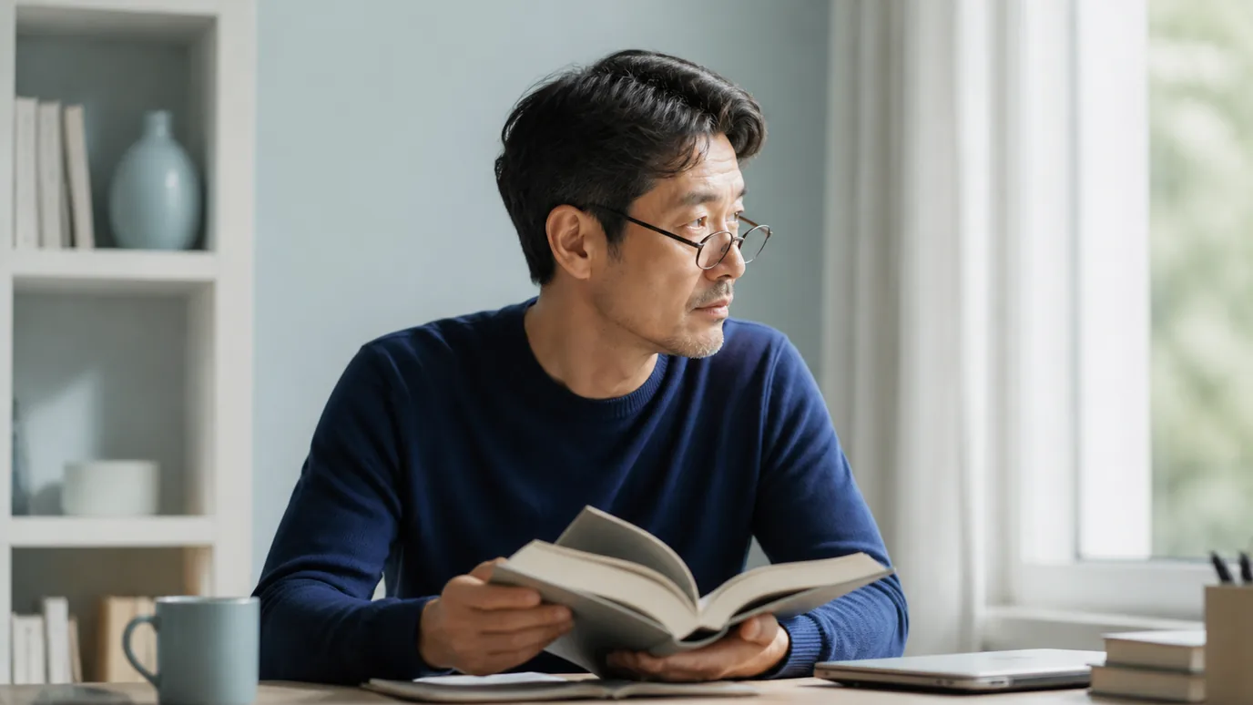 창가 책상에서 안경을 쓰고 책을 살펴보는 중년 남성