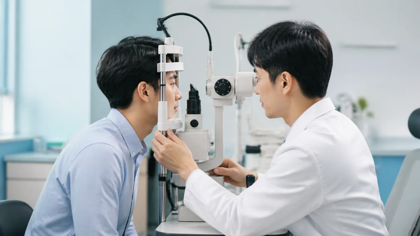 세극등 검사로 눈 상태를 확인하는 의료진과 환자