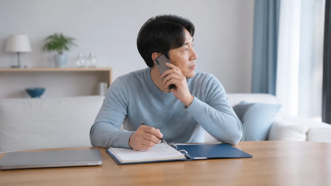 거실에서 전화로 문의하며 서류철을 살펴보는 중년 남성