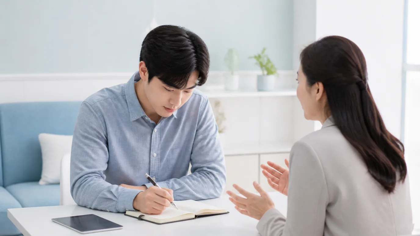 상담 테이블에서 설명을 들으며 수첩에 받아 적는 남성