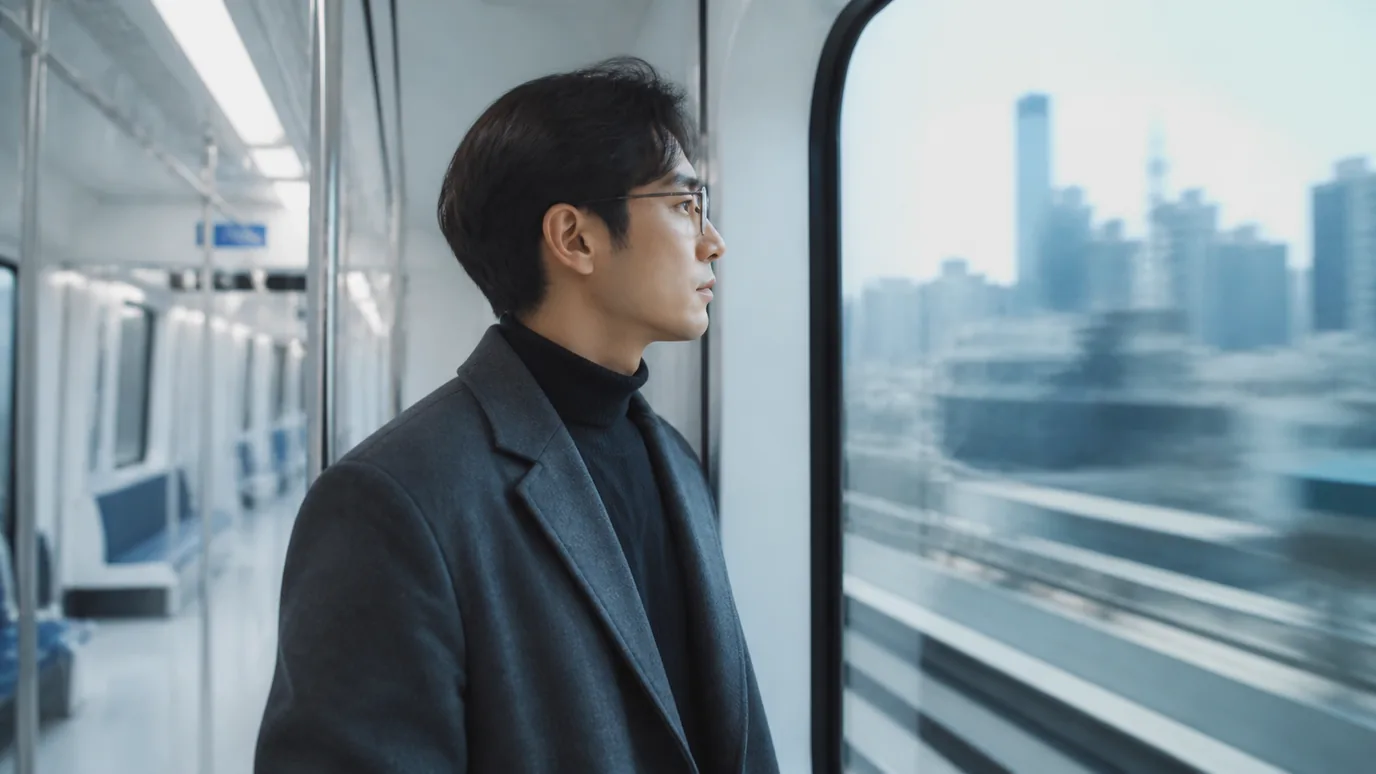 전철 안에서 창밖 도시 풍경을 바라보는 안경 쓴 남성