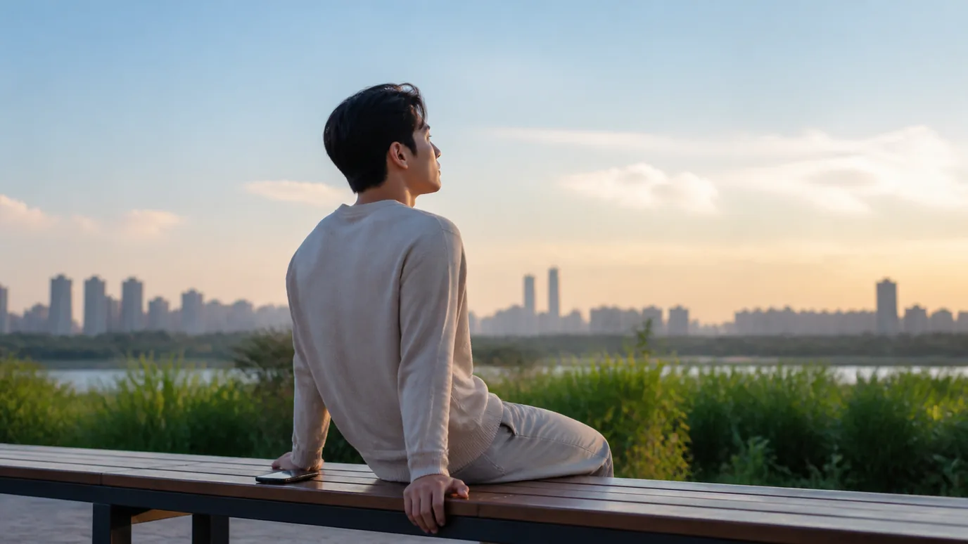 노을 진 강변 벤치에 앉아 도시를 바라보는 남성