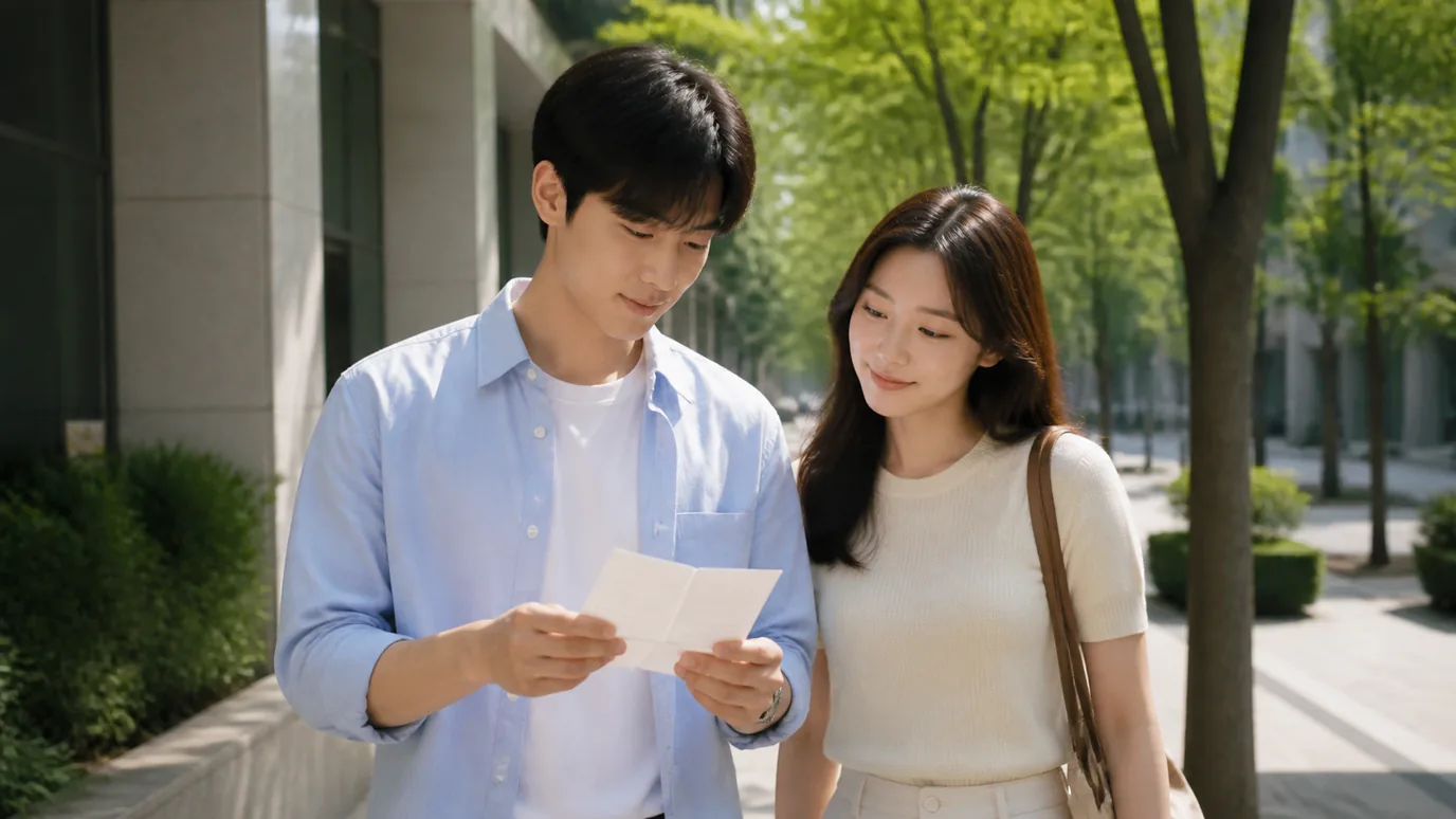햇빛 좋은 도심 보행로에서 20대 한국인 성인이 동행자와 천천히 걸으며 접은 종이 방문 메모를 확인하는 장면