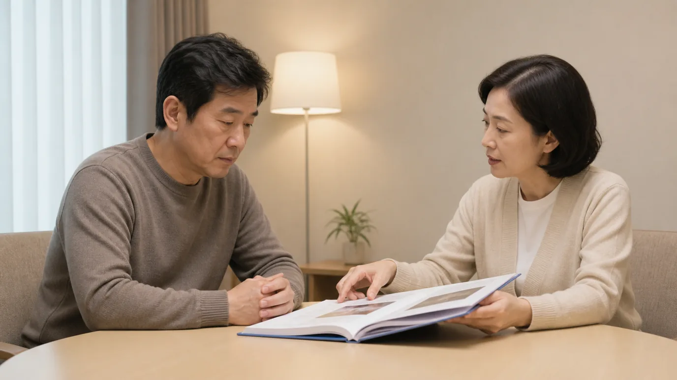 중립적인 상담실에서 50대 한국인 성인이 평상복 의료진과 마주 앉아 두꺼운 종이 자료철 한 권을 펼쳐 설명을 듣는 장면